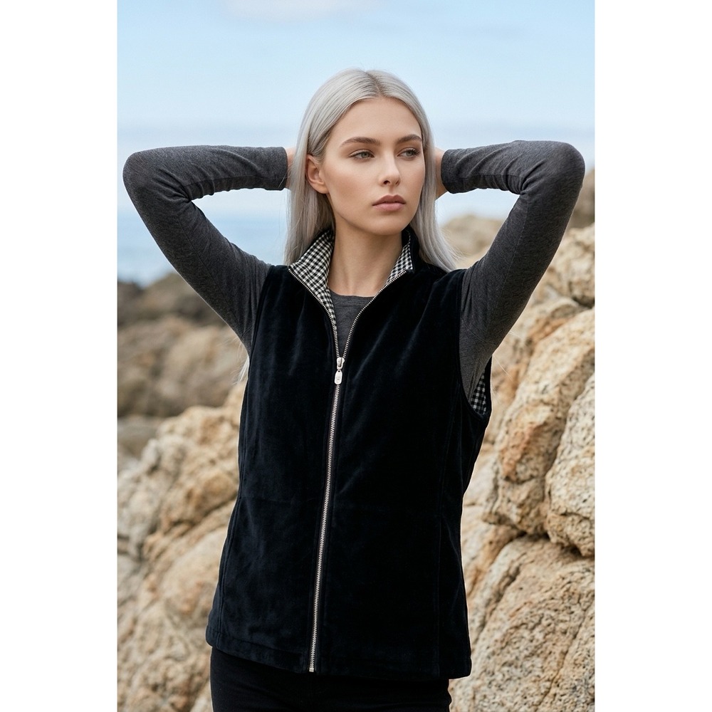 Liz Claiborne Lizsport Womens Black Velvet Quilted Vest Gingham Lining XL